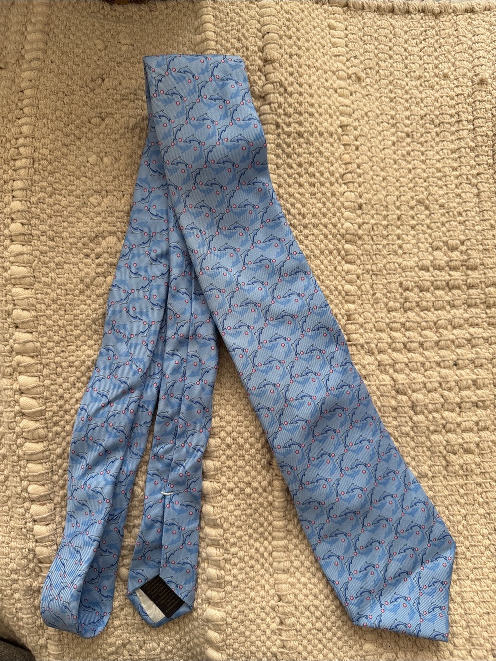 NWT Brooks Brothers Light Blue Silk Tie with Navy Dolphin Pattern and Pink Dots!